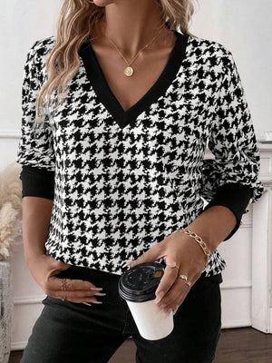 explosion spring 2025 elegant women's printing sweater V - neck long - sleeved T-shirt top women - Negative Apparel