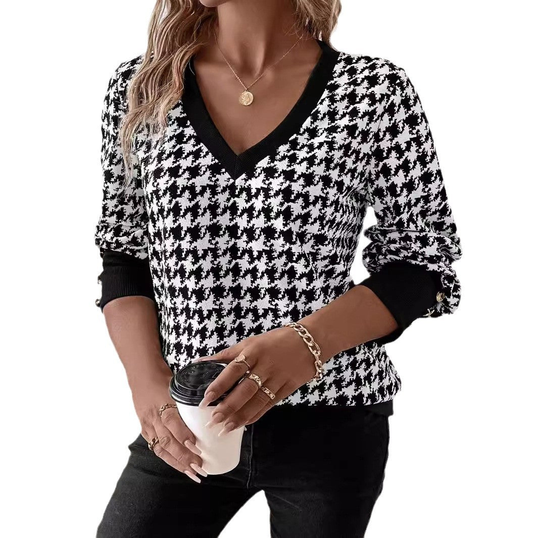 explosion spring 2025 elegant women's printing sweater V - neck long - sleeved T-shirt top women - Negative Apparel