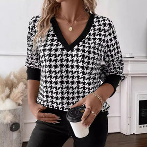 explosion spring 2025 elegant women's printing sweater V - neck long - sleeved T-shirt top women - Negative Apparel