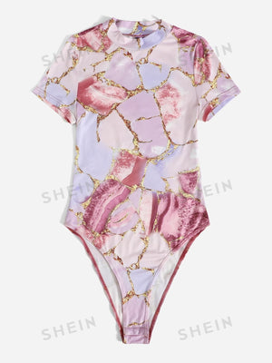 EZwear Marble Print High Cut Bodysuit - Negative Apparel