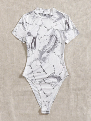 EZwear Marble Print High Cut Bodysuit - Negative Apparel