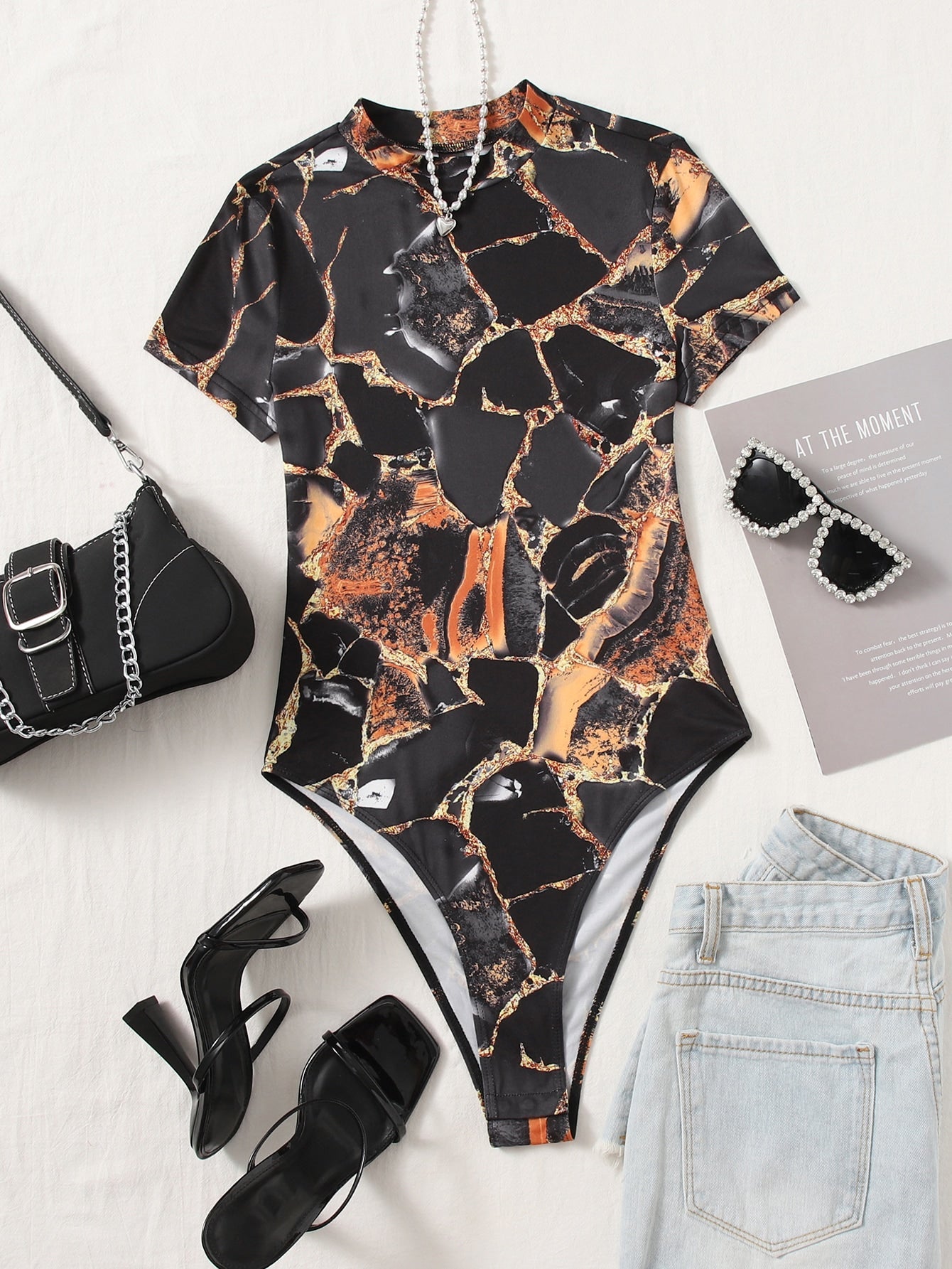 EZwear Marble Print High Cut Bodysuit - Negative Apparel