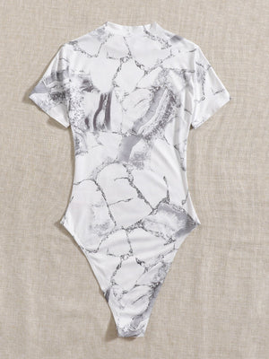 EZwear Marble Print High Cut Bodysuit - Negative Apparel