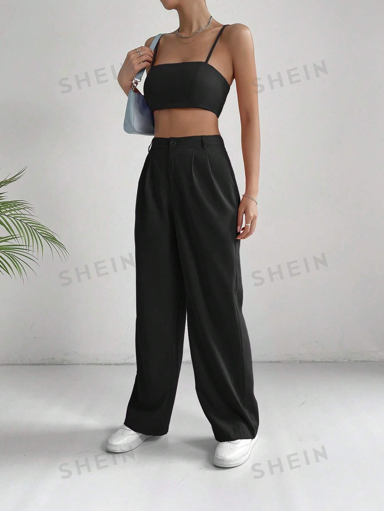 EZwear Solid Crop Cami Top & Wide Leg Pants - Negative Apparel