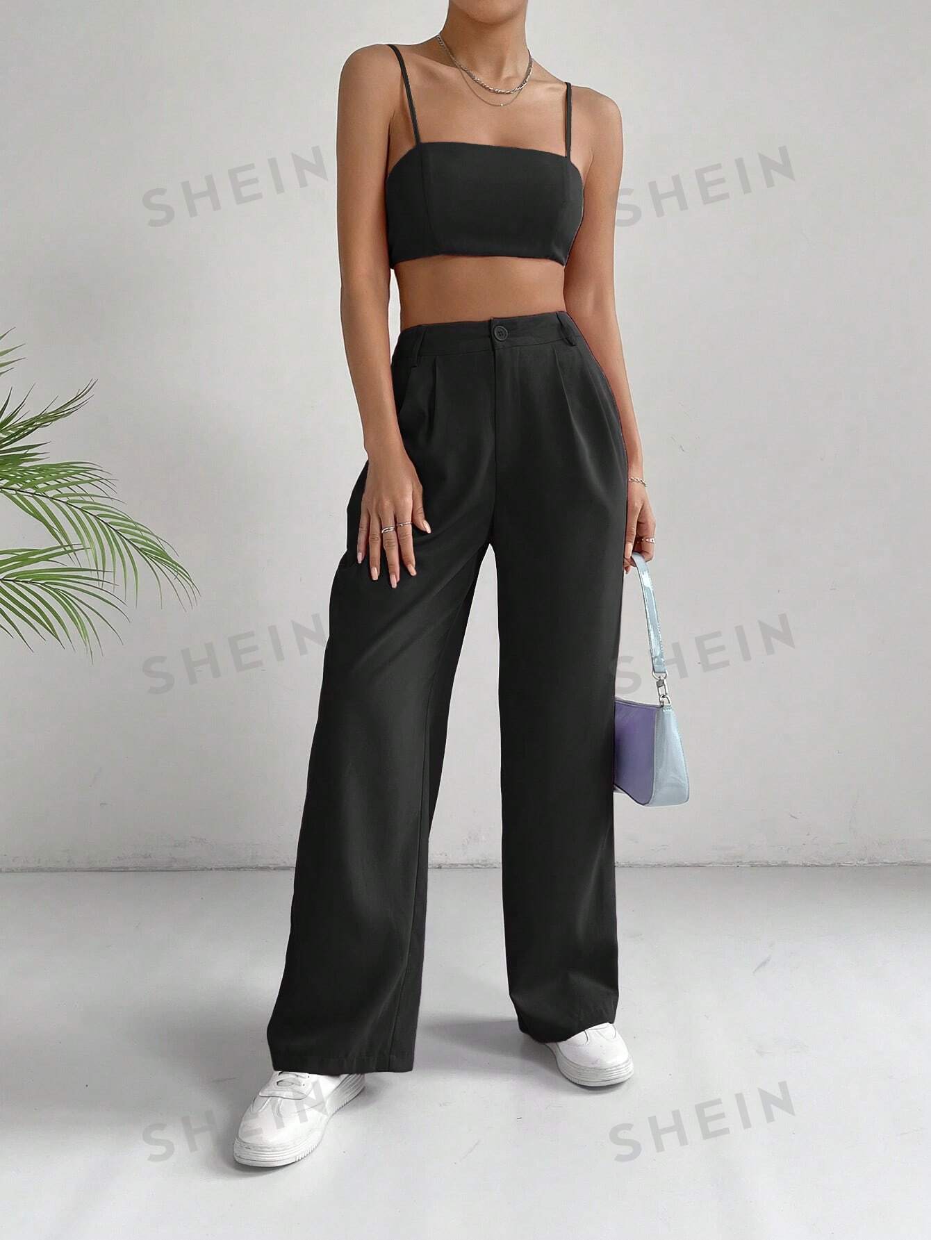 EZwear Solid Crop Cami Top & Wide Leg Pants - Negative Apparel