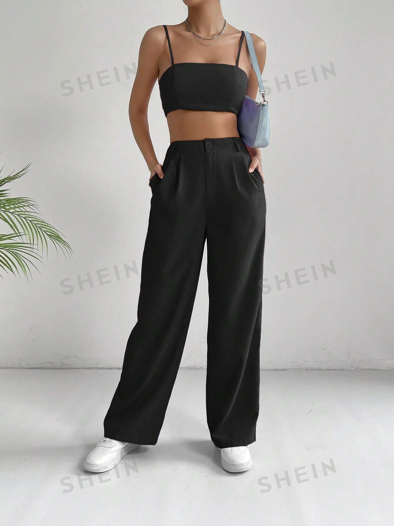 EZwear Solid Crop Cami Top & Wide Leg Pants - Negative Apparel