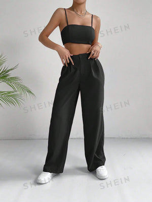 EZwear Solid Crop Cami Top & Wide Leg Pants - Negative Apparel