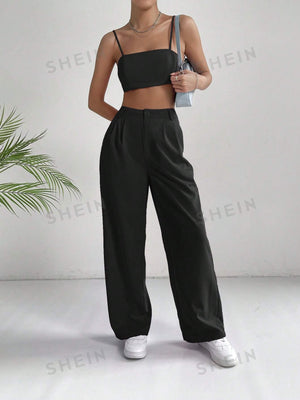 EZwear Solid Crop Cami Top & Wide Leg Pants - Negative Apparel