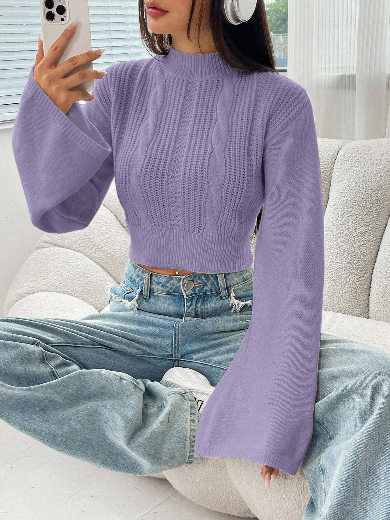 EZwear Spring ClothesMock Neck Trumpet Sleeve Crop Sweater - Negative Apparel