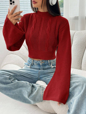 EZwear Spring ClothesMock Neck Trumpet Sleeve Crop Sweater - Negative Apparel