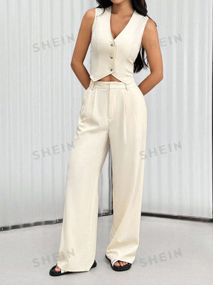 EZwear Summer Casual Solid Color Single Row Button Top & Wide Leg Pants Set - Negative Apparel