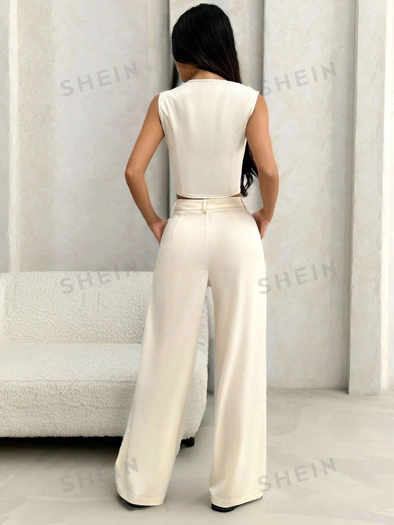 EZwear Summer Casual Solid Color Single Row Button Top & Wide Leg Pants Set - Negative Apparel