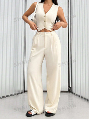 EZwear Summer Casual Solid Color Single Row Button Top & Wide Leg Pants Set - Negative Apparel