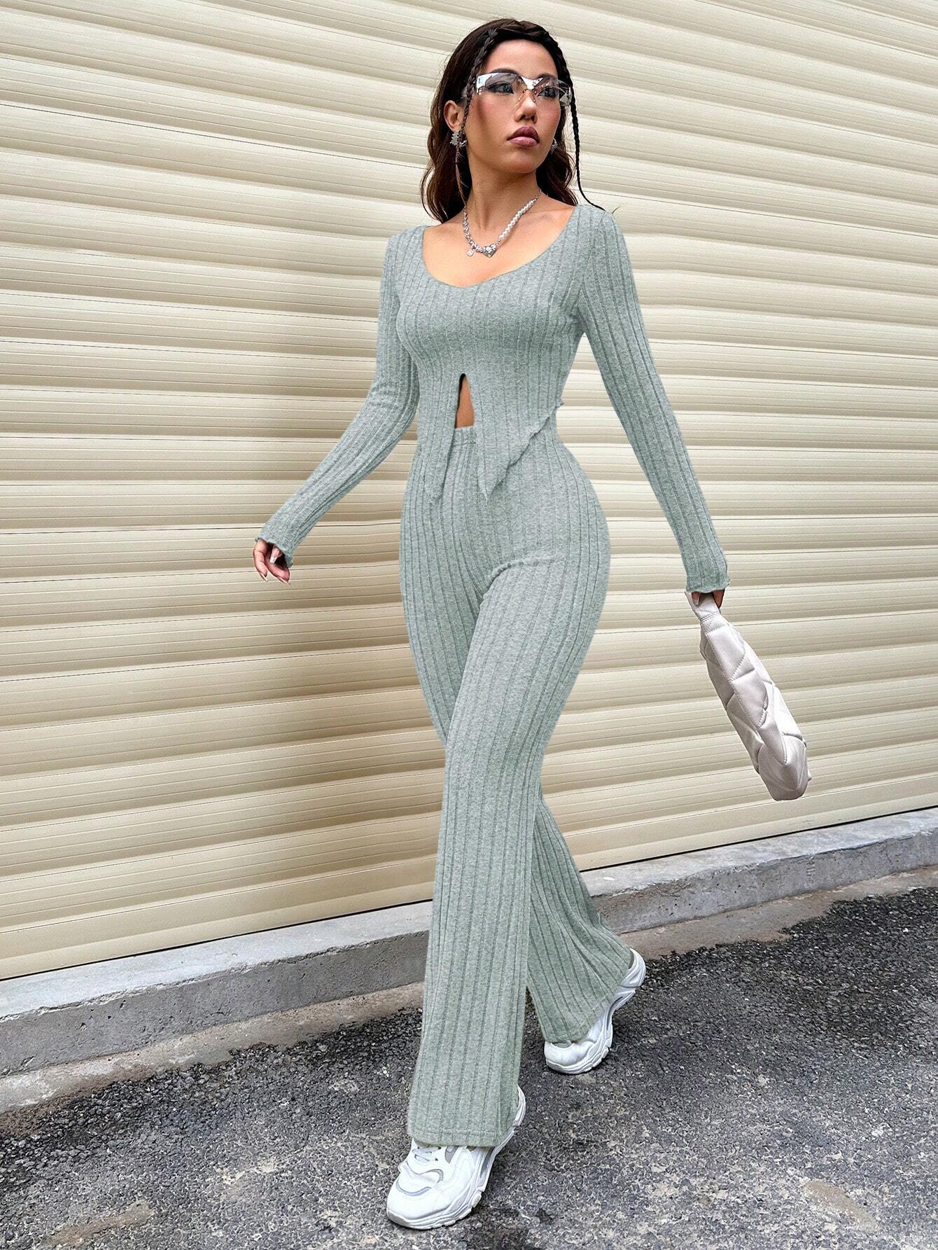 EZwear Women's Long Sleeve Ribbed T-Shirt And Pants Set With