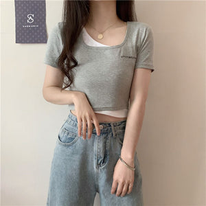 Fake two - piece t-shirt women's summer short - sleeved short open - navel tight Korean style chic design sense niche hot girl bm top - Negative Apparel