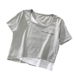 Fake two - piece t-shirt women's summer short - sleeved short open - navel tight Korean style chic design sense niche hot girl bm top - Negative Apparel