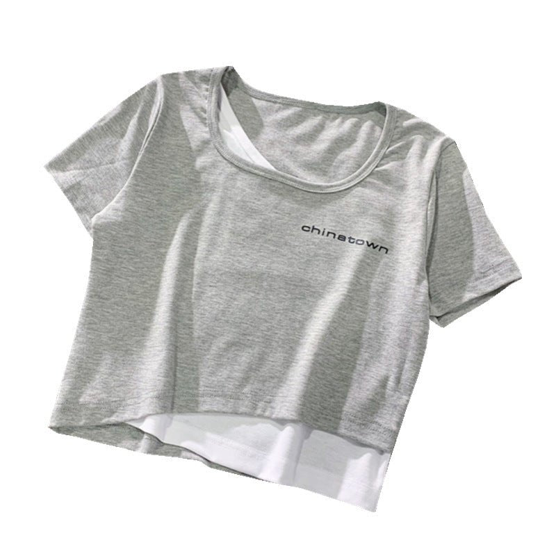 Fake two - piece t-shirt women's summer short - sleeved short open - navel tight Korean style chic design sense niche hot girl bm top - Negative Apparel