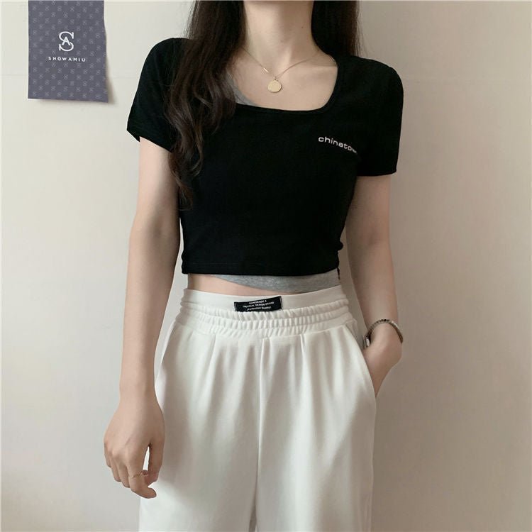 Fake two - piece t-shirt women's summer short - sleeved short open - navel tight Korean style chic design sense niche hot girl bm top - Negative Apparel