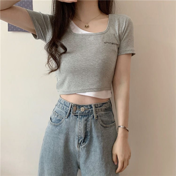 Fake two - piece t-shirt women's summer short - sleeved short open - navel tight Korean style chic design sense niche hot girl bm top - Negative Apparel
