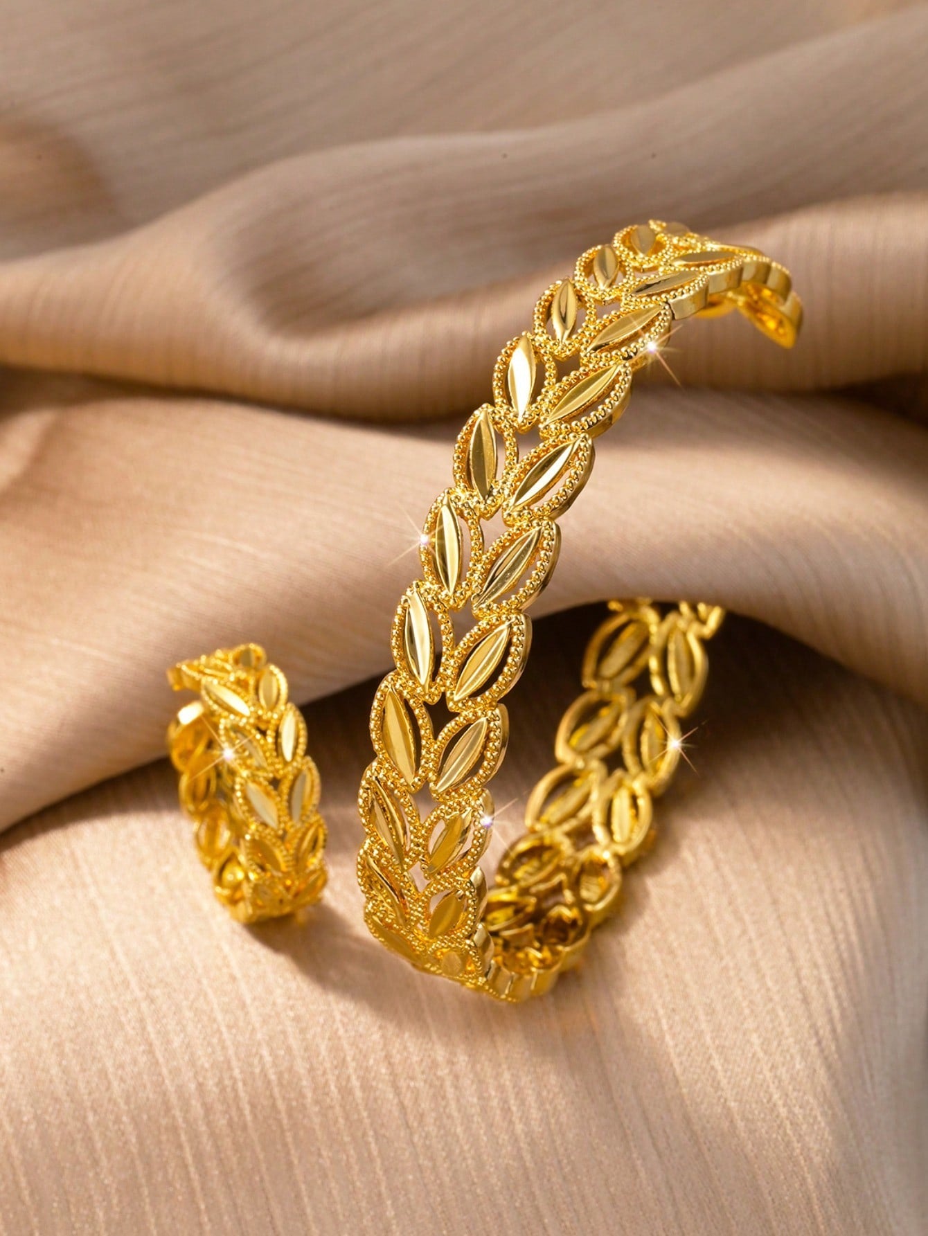 Fashionable Wheat Ear Bracelet And Ring Set, Adjustable Open Cuff - Negative Apparel