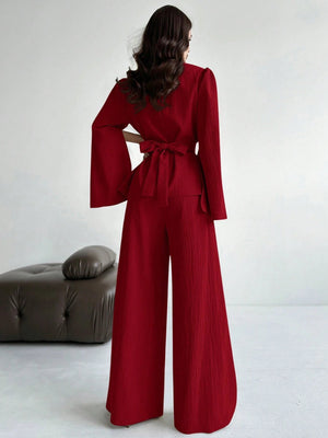 Firerie 2pcs Women Autumn/Winter Lace Up Long Sleeve Blouse Top And Mermaid Hem Skirt Set FD - Negative Apparel