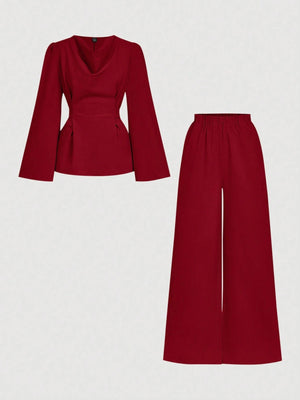 Firerie 2pcs Women Autumn/Winter Lace Up Long Sleeve Blouse Top And Mermaid Hem Skirt Set FD - Negative Apparel