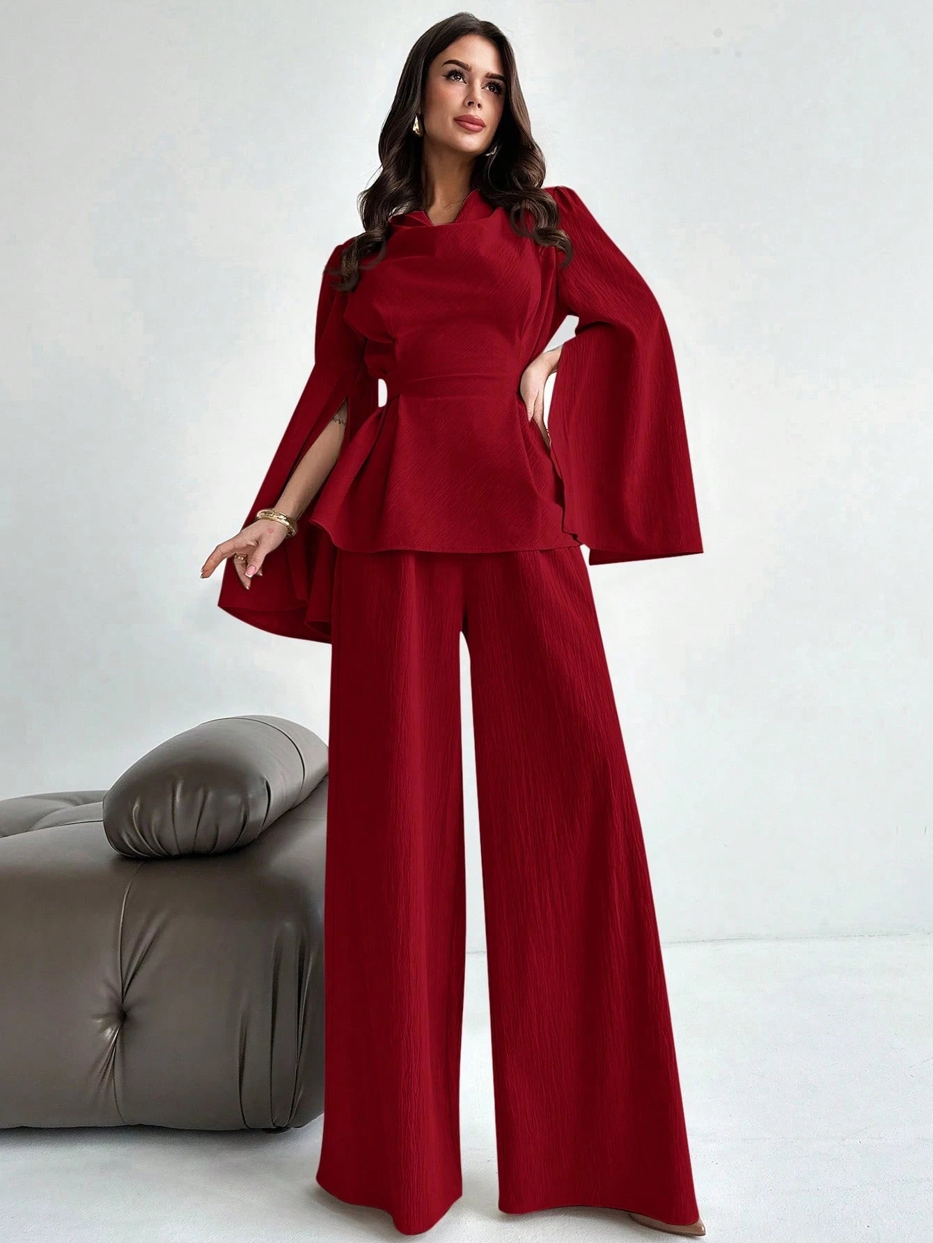 Firerie 2pcs Women Autumn/Winter Lace Up Long Sleeve Blouse Top And Mermaid Hem Skirt Set FD - Negative Apparel