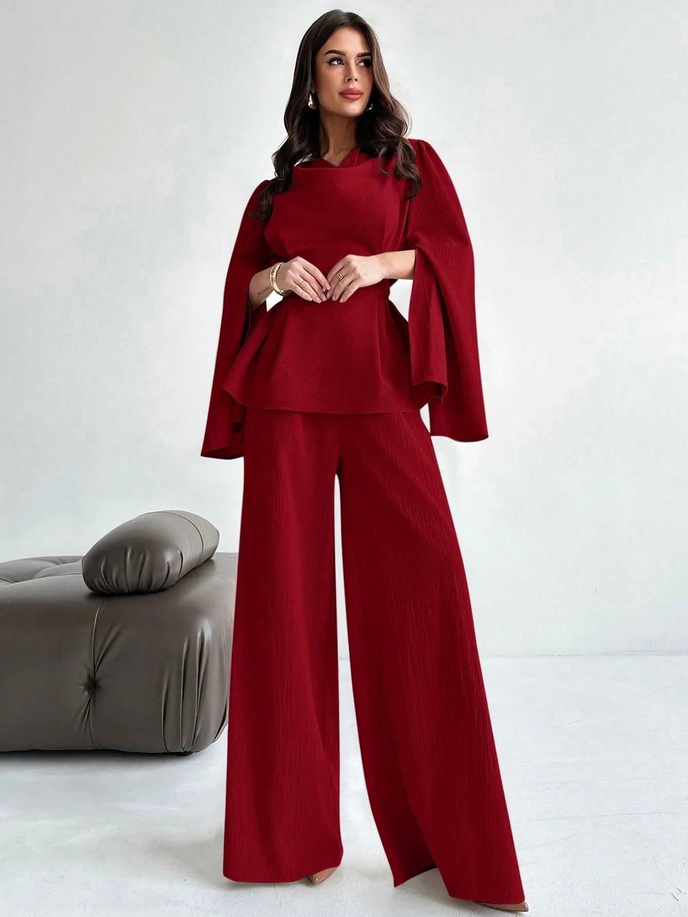 Firerie 2pcs Women Autumn/Winter Lace Up Long Sleeve Blouse Top And Mermaid Hem Skirt Set FD - Negative Apparel