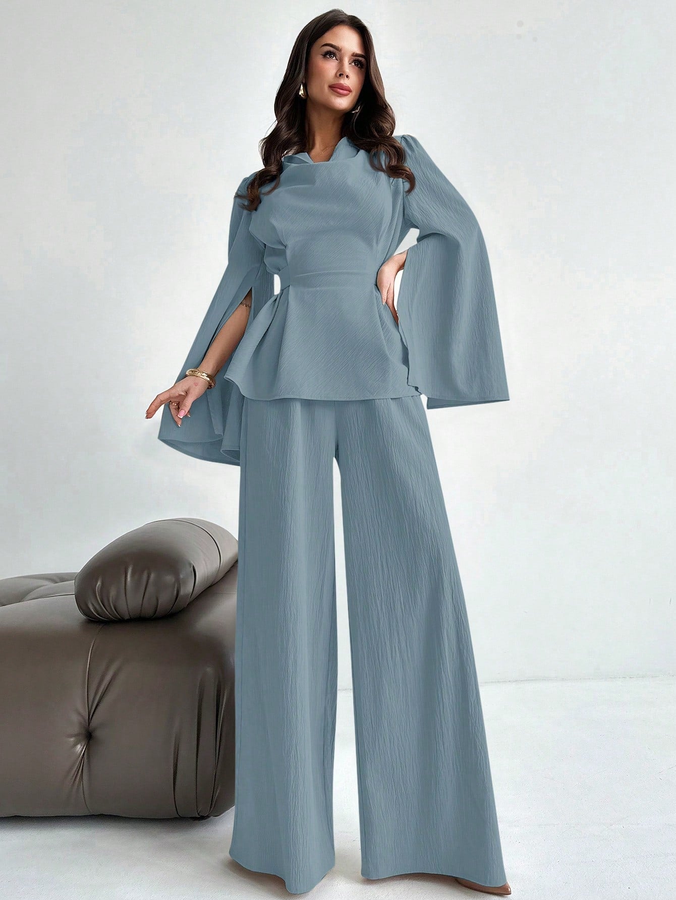 Firerie 2pcs Women Autumn/Winter Lace Up Long Sleeve Blouse Top And Mermaid Hem Skirt Set FD - Negative Apparel