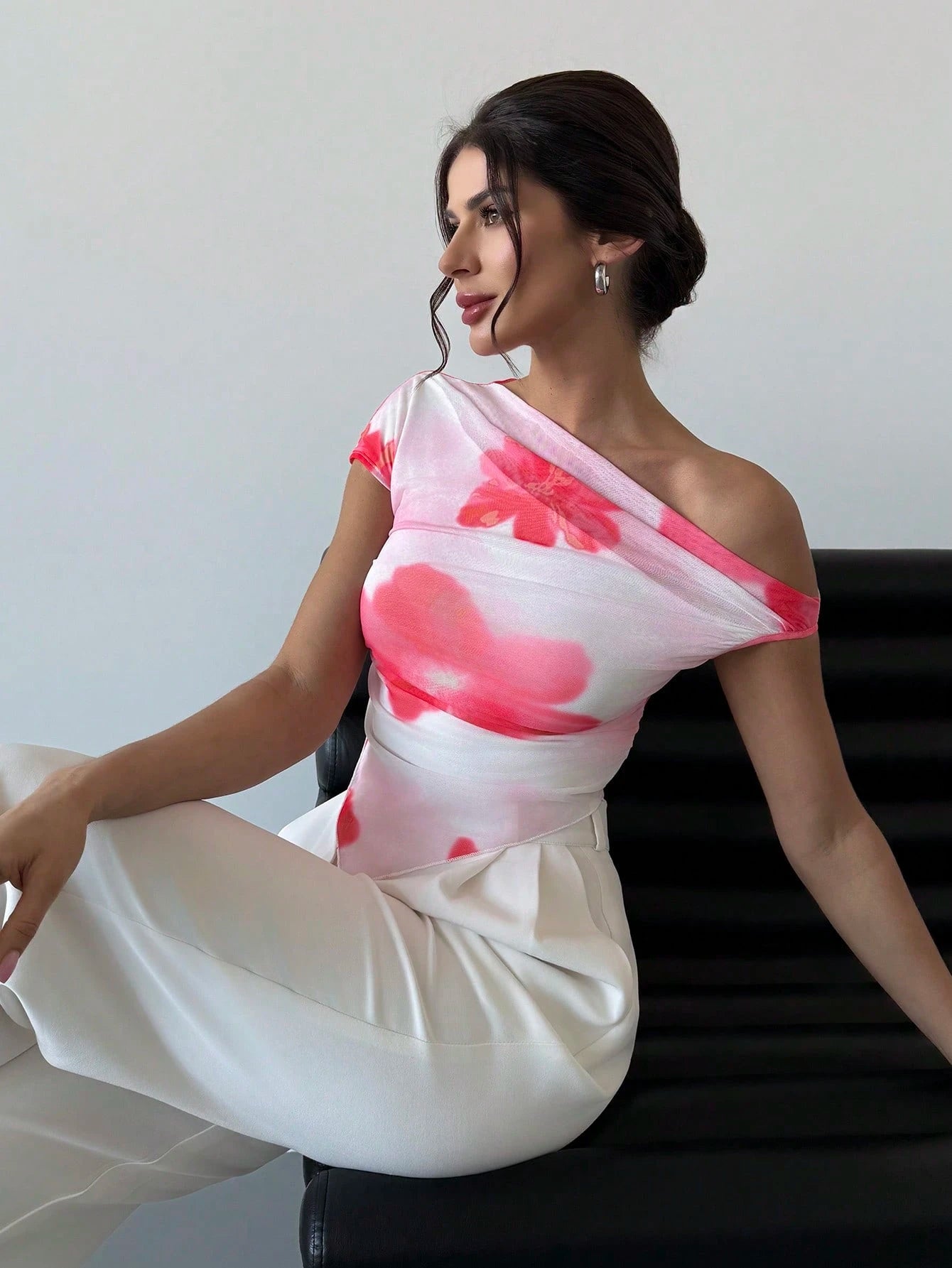 Firerie Elegant Tie Dye Asymmetrical Hem Open Shoulder Asymmetrical Short Sleeve Cropped T-Shirt, Valentine's Day New Design, Spring/Summer Concert Rave Women Top FD - Negative Apparel