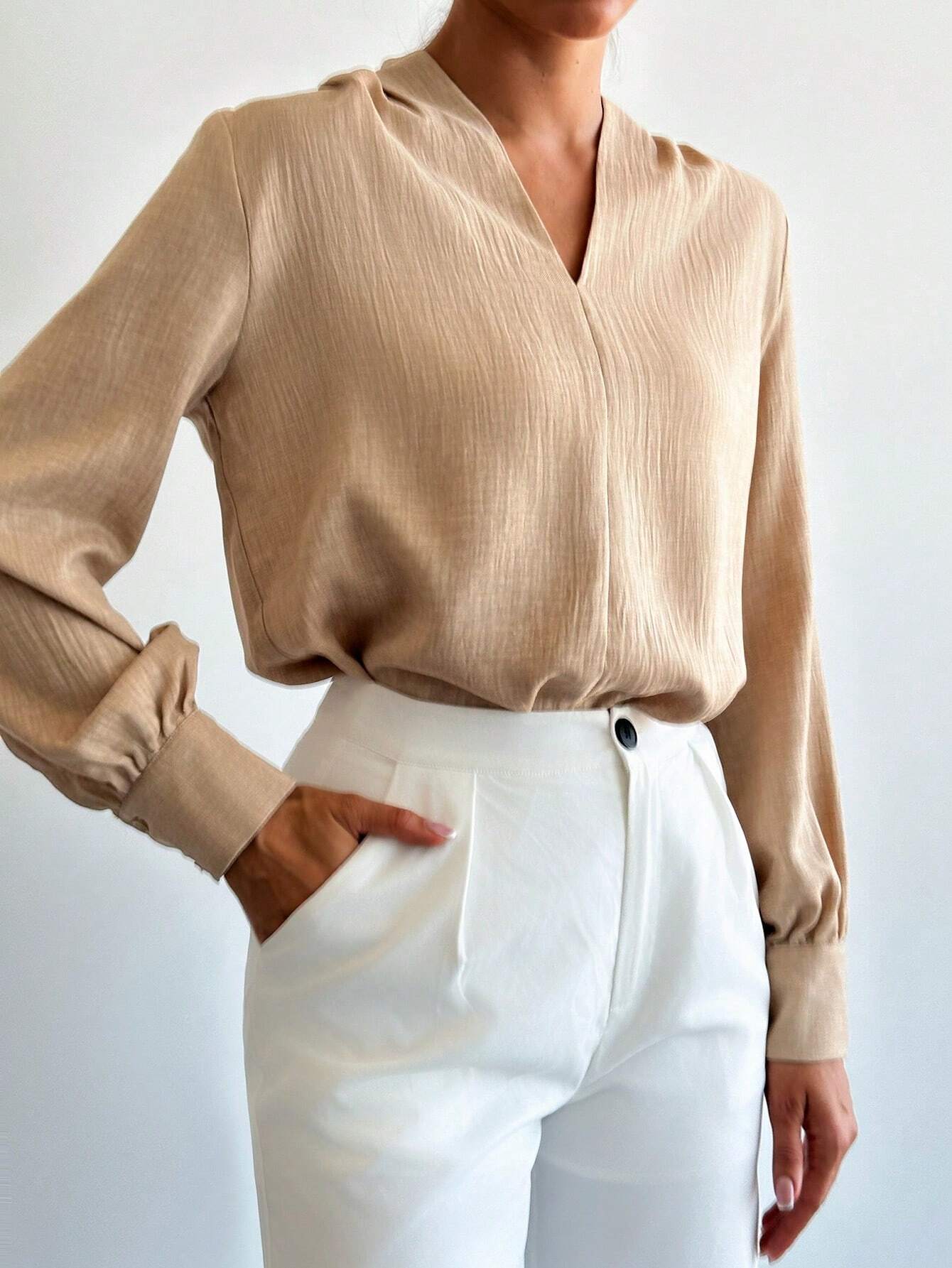 Firerie New Autumn/Winter Women Casual V - Neck Long Sleeve Shirt, Elegant Fashion Music Festival & Office Work Outfit - Negative Apparel