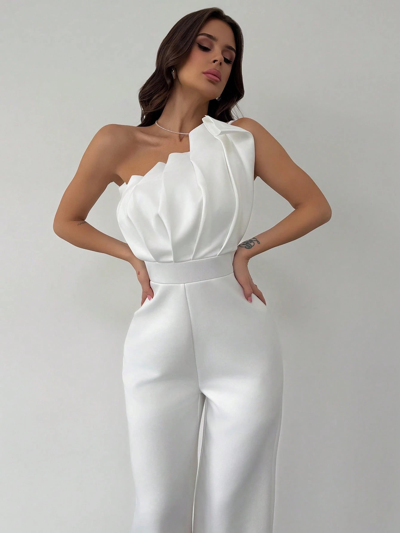 Firerie New Elegant Minimalist Commute 3D Structural Asymmetrical Pleating Design Sleeveless Waist Cinching Slim Fit White Bodysuit - Negative Apparel