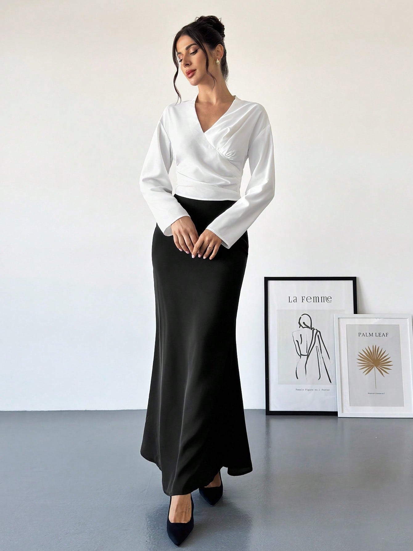 Firerie Women Elegant Black And White Color Blocked Commuting Pleated Waist Top Solid Color Patchwork Ruched Blouse Shirt & Slim Fish Tail Skirt Two Piece Set - Negative Apparel