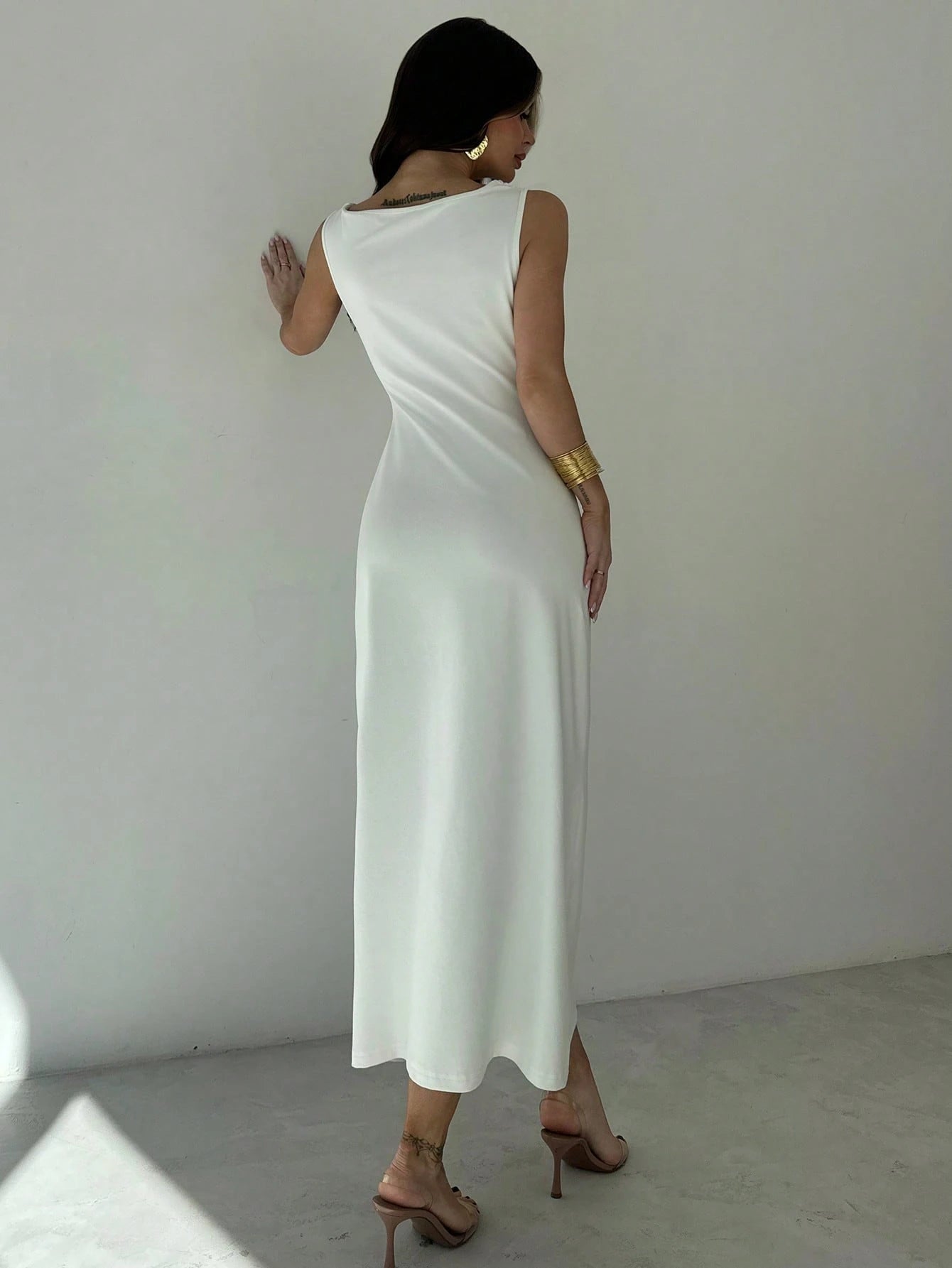 Firerie Women White Asymmetrical Neck Draped Ruched Waist Mid - Length Dress FD - Negative Apparel