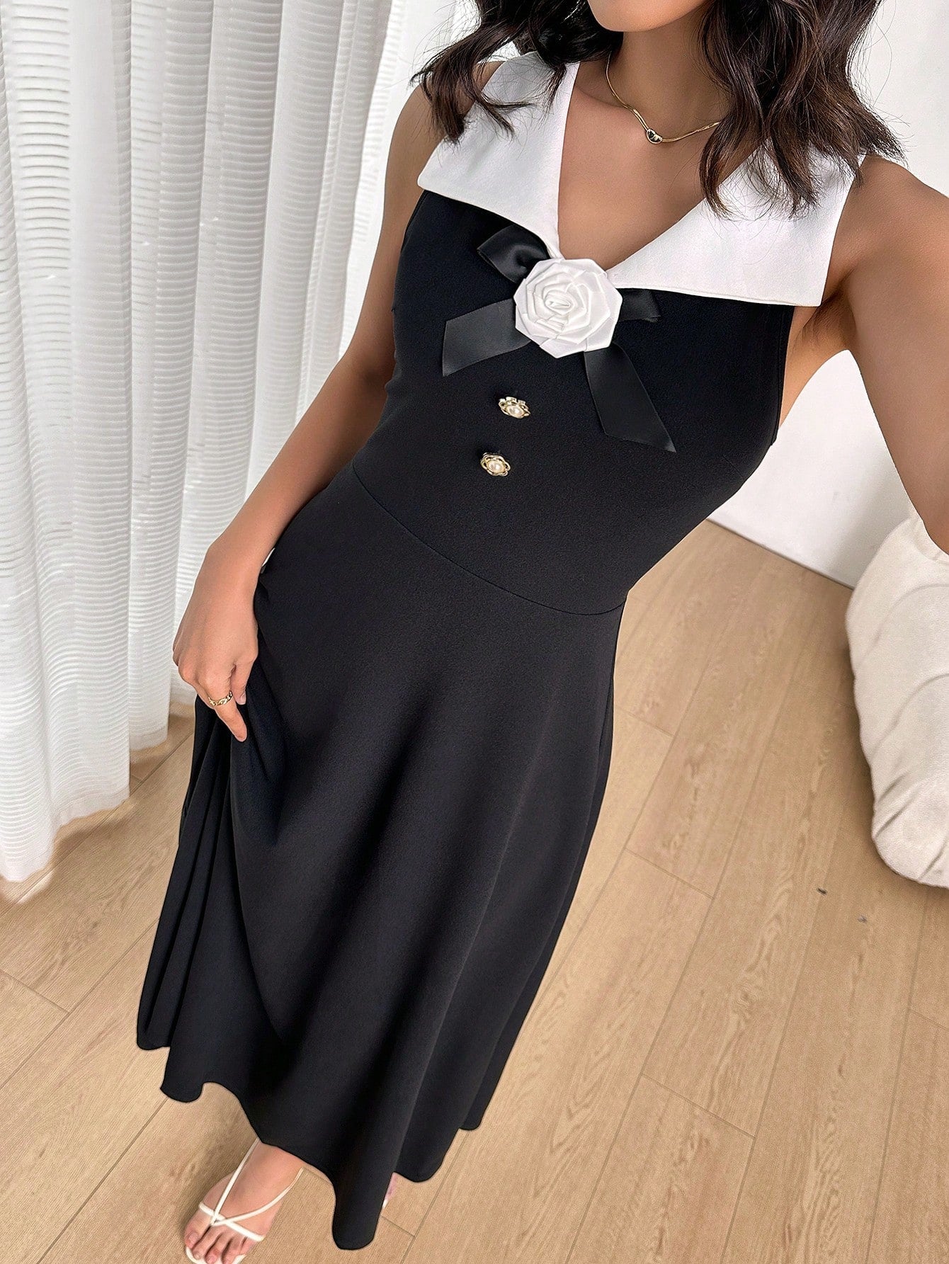 Firerie Women's Black & White Color Block Collared Raised Floral Sleeveless Fitted Dress FD - Negative Apparel