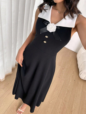 Firerie Women's Black & White Color Block Collared Raised Floral Sleeveless Fitted Dress FD - Negative Apparel