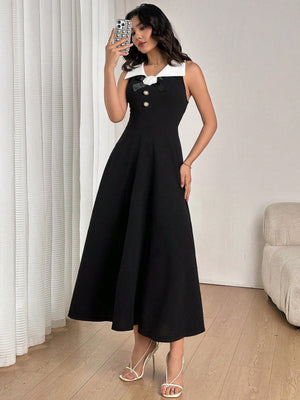 Firerie Women's Black & White Color Block Collared Raised Floral Sleeveless Fitted Dress FD - Negative Apparel