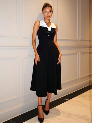 Firerie Women's Black & White Color Block Collared Raised Floral Sleeveless Fitted Dress FD - Negative Apparel