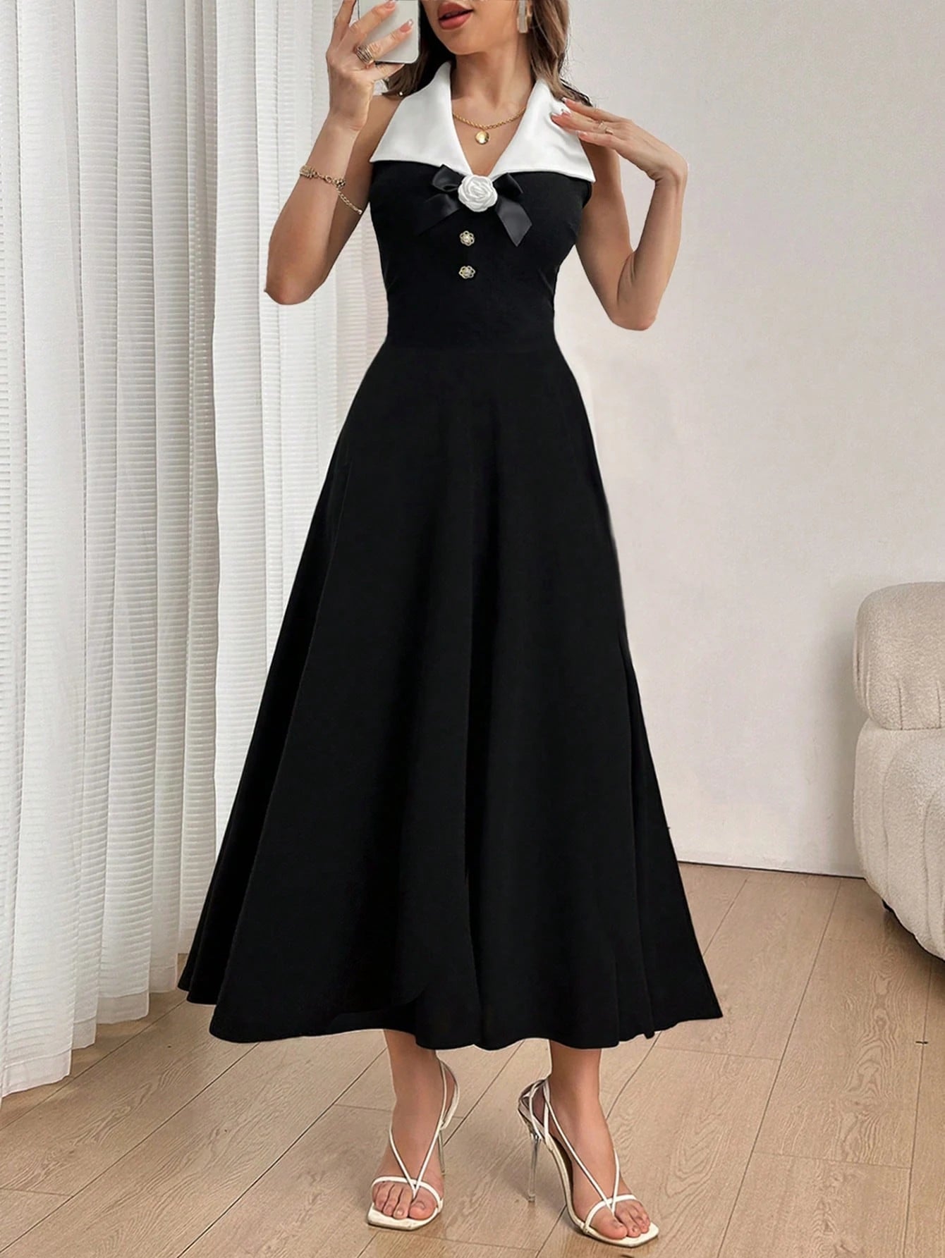 Firerie Women's Black & White Color Block Collared Raised Floral Sleeveless Fitted Dress FD - Negative Apparel