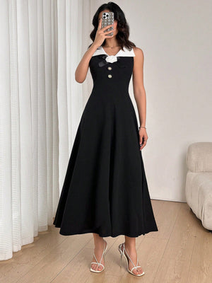 Firerie Women's Black & White Color Block Collared Raised Floral Sleeveless Fitted Dress FD - Negative Apparel