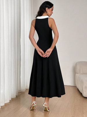 Firerie Women's Black & White Color Block Collared Raised Floral Sleeveless Fitted Dress FD - Negative Apparel