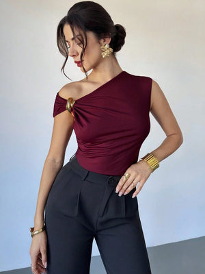 Firerie Women's Casual Elegant Metal Decoration Asymmetrical Shoulder T-Shirt, Suitable For Going Out, Party And Other Occasions, Fall For Women, Halloween Costume Women Christmas T-Shirt New Year Party Top Elegant Women's Burgundy Top FD - Negative Apparel