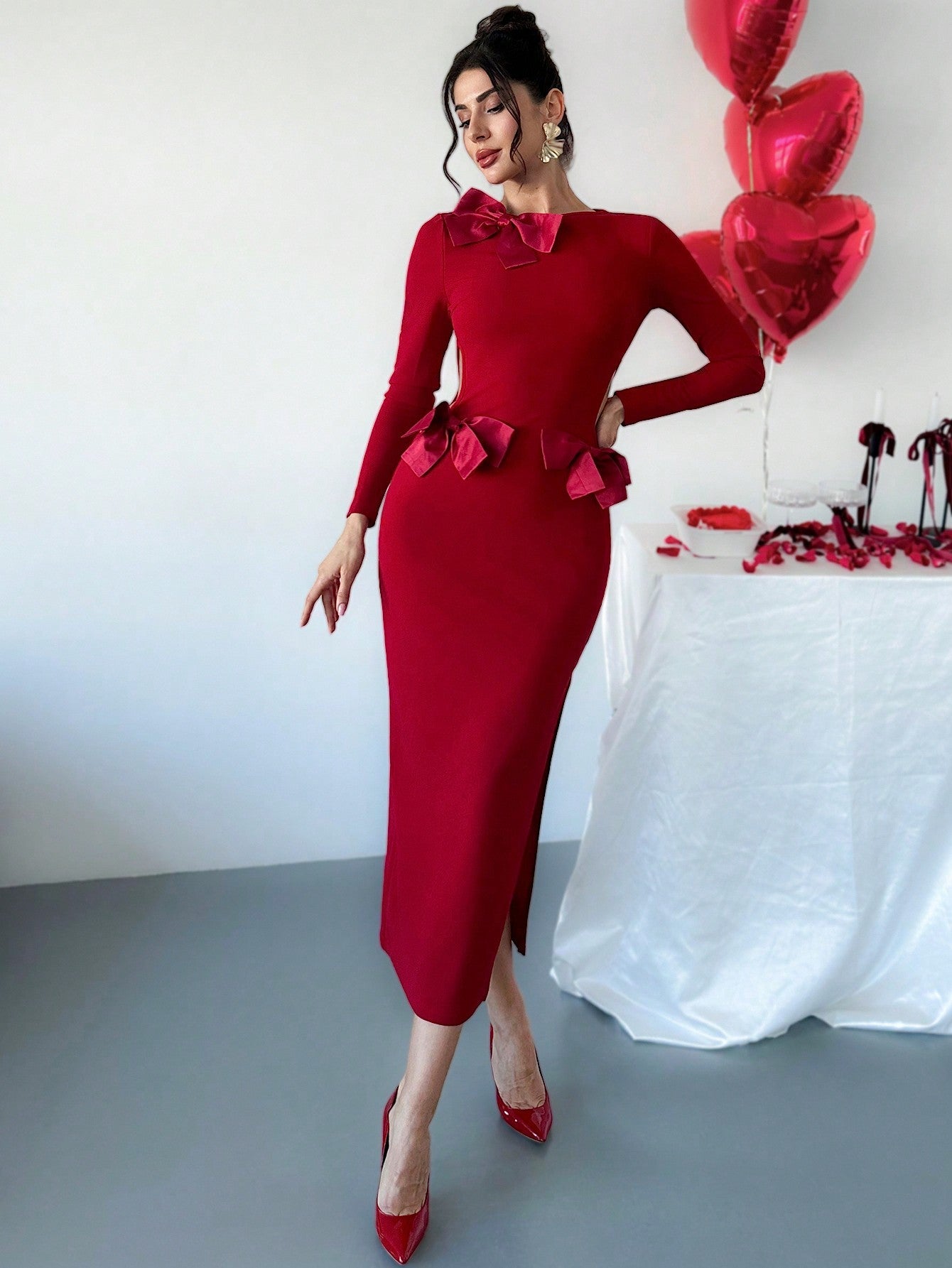 Firerie Women's Elegant Bowknot Long Sexy Dress For Valentine's Day ,Bodycon Burgundy Dress ,Women's Valentine's Day Dating Dress ,Vacation Outfits ,Woman Valentine's Day Dress,Red Dress FD - Negative Apparel