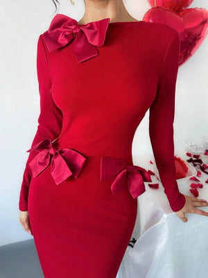 Firerie Women's Elegant Bowknot Long Sexy Dress For Valentine's Day ,Bodycon Burgundy Dress ,Women's Valentine's Day Dating Dress ,Vacation Outfits ,Woman Valentine's Day Dress,Red Dress FD - Negative Apparel