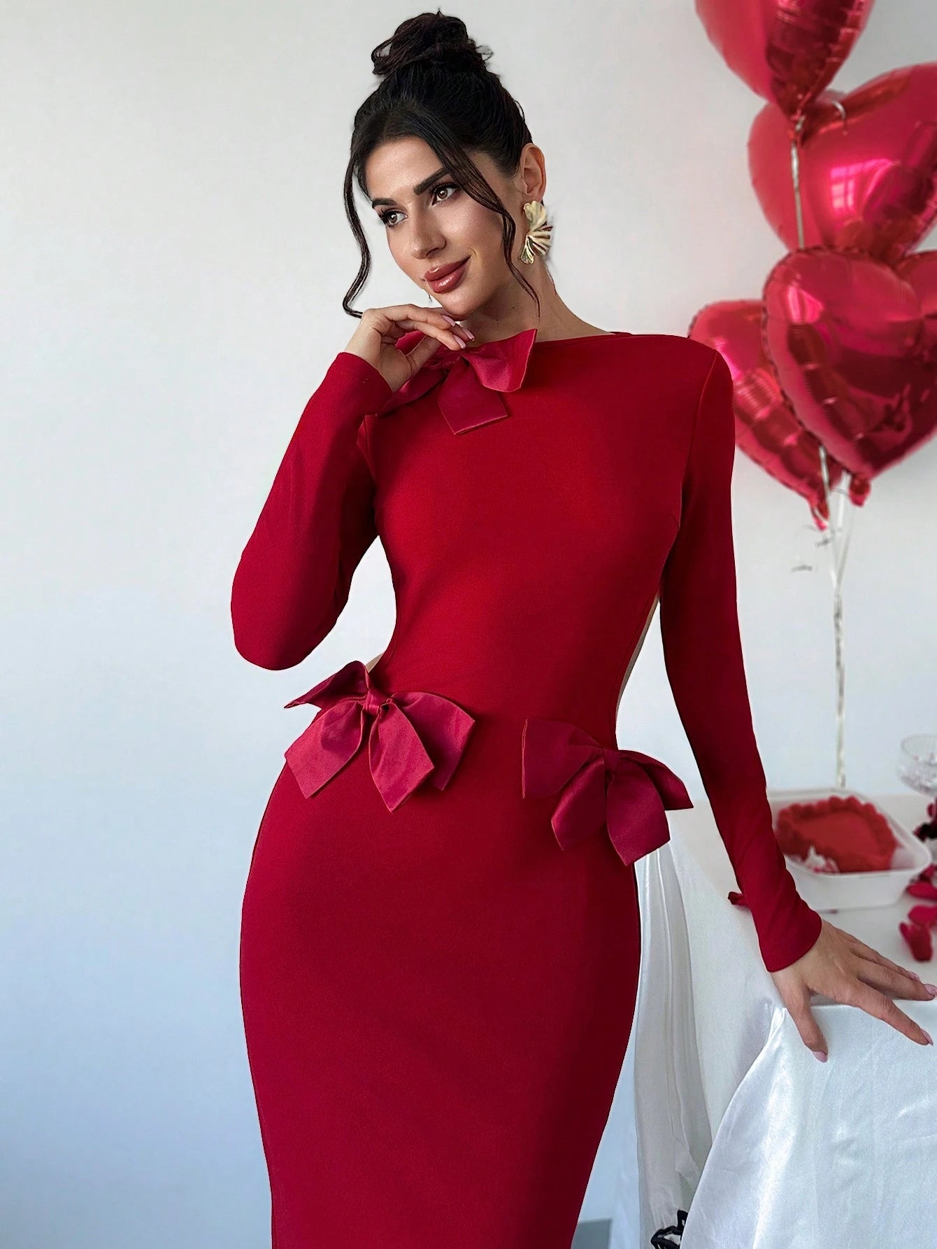 Firerie Women's Elegant Bowknot Long Sexy Dress For Valentine's Day ,Bodycon Burgundy Dress ,Women's Valentine's Day Dating Dress ,Vacation Outfits ,Woman Valentine's Day Dress,Red Dress FD - Negative Apparel