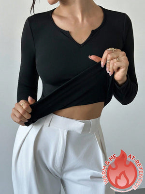 Firerie Women's Elegant Minimalist Casual Daily Commute New Sweetheart Neck Ruched Slim Fit Long Sleeve Black T-Shirt, Autumn/Winter - Negative Apparel