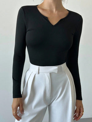 Firerie Women's Elegant Minimalist Casual Daily Commute New Sweetheart Neck Ruched Slim Fit Long Sleeve Black T-Shirt, Autumn/Winter - Negative Apparel