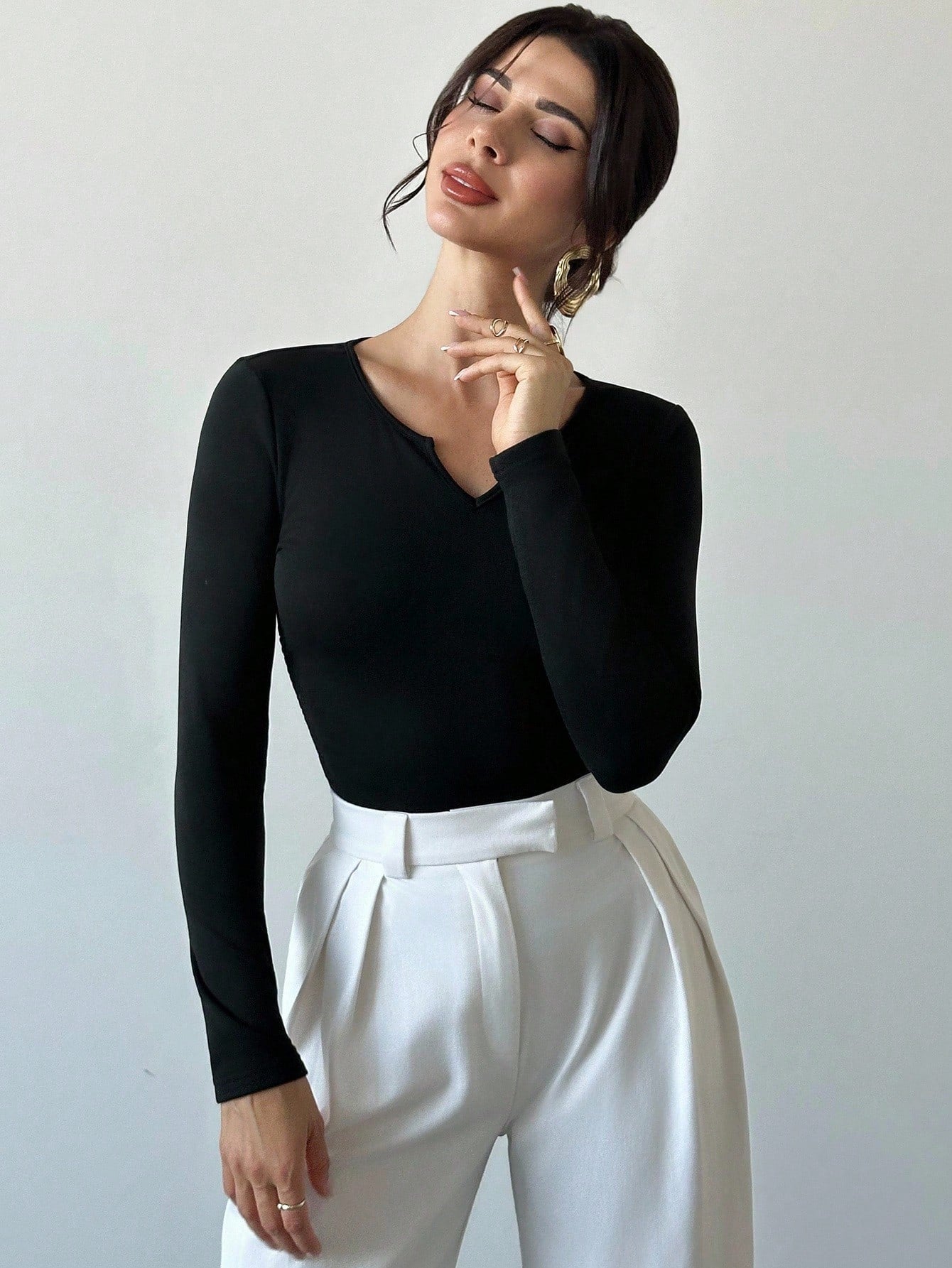 Firerie Women's Elegant Minimalist Casual Daily Commute New Sweetheart Neck Ruched Slim Fit Long Sleeve Black T-Shirt, Autumn/Winter - Negative Apparel