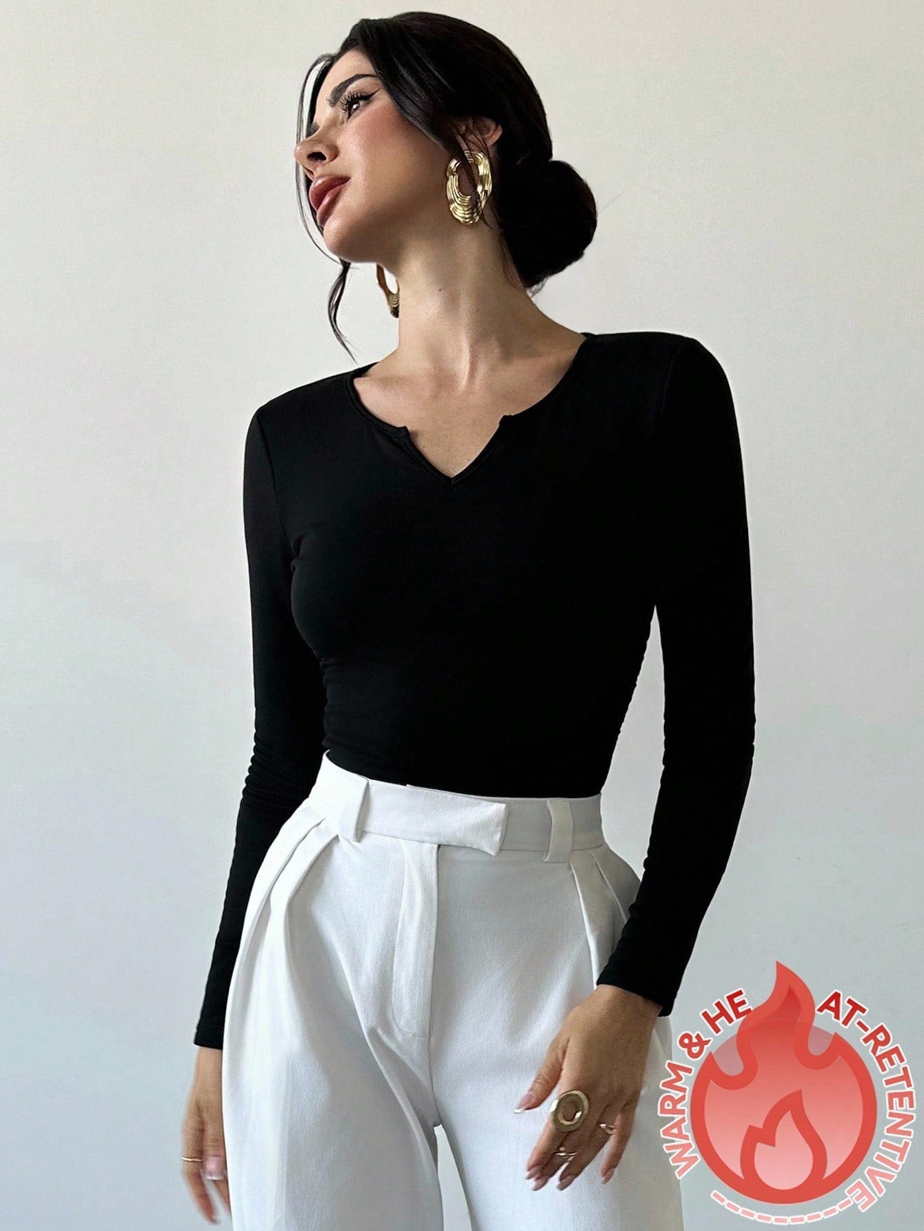 Firerie Women's Elegant Minimalist Casual Daily Commute New Sweetheart Neck Ruched Slim Fit Long Sleeve Black T-Shirt, Autumn/Winter - Negative Apparel