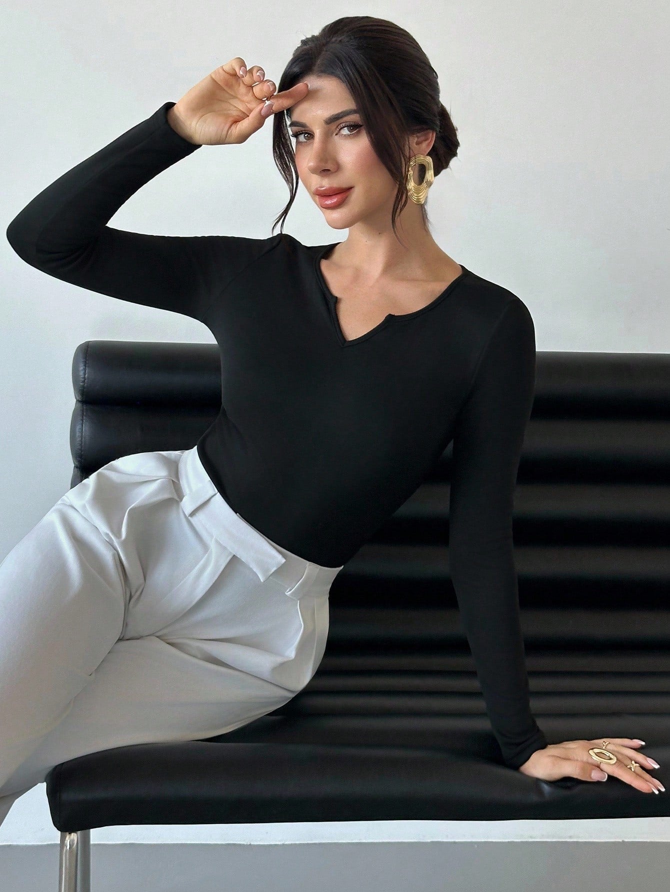 Firerie Women's Elegant Minimalist Casual Daily Commute New Sweetheart Neck Ruched Slim Fit Long Sleeve Black T-Shirt, Autumn/Winter - Negative Apparel